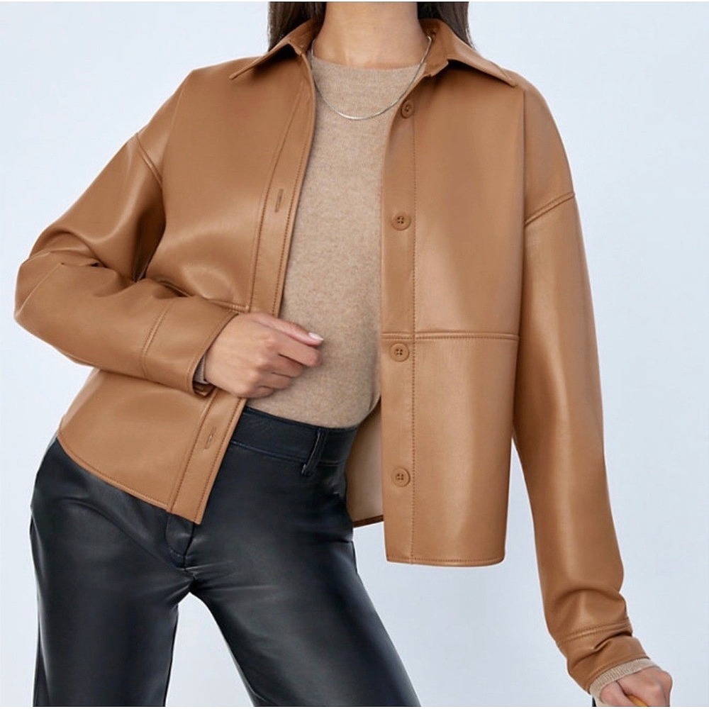Babaton Pelli Hip Jacket Brown Vegan Leather Chic Minimalist Shacket